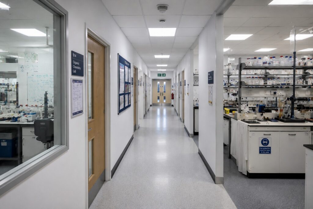 Corridor of laboratory buildings on a UK research campus