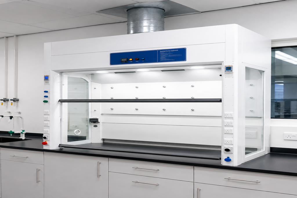Bench-mounted ducted fume cupboard installed in a laboratory