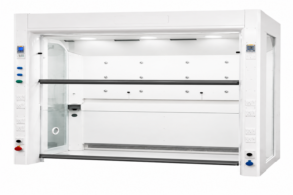 Tall walk-in fume enclosure housing laboratory apparatus