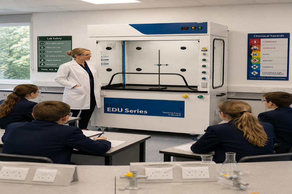 School science laboratory teaching fume cupboard with pupils working nearby